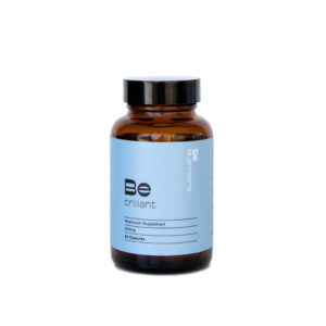 The Be Brilliant Mushroom Supplement comes in a brown glass bottle with a black cap, featuring a light blue label with minimalist design. It contains 60 capsules, each 800mg.