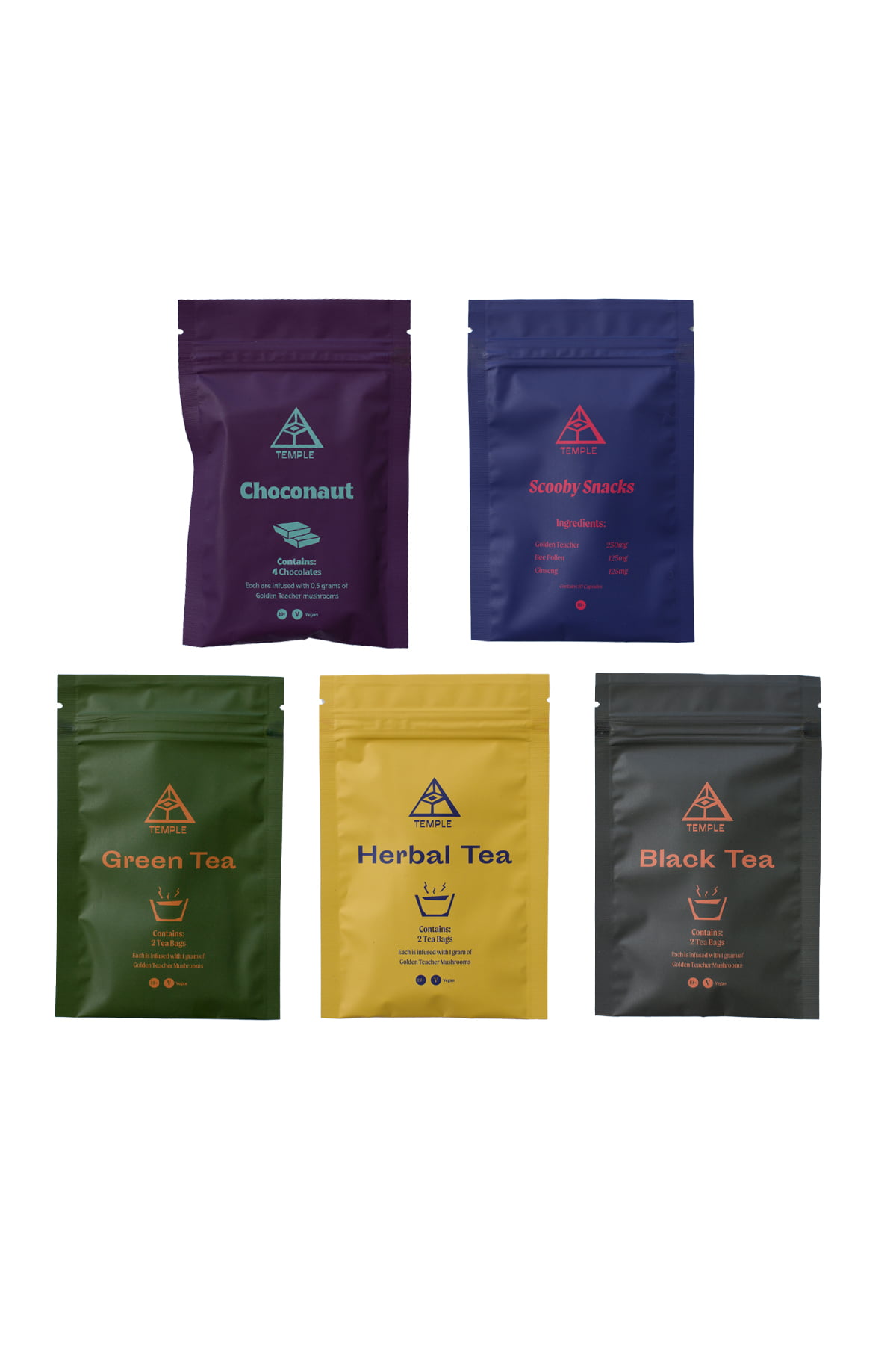 Temple Teleport Sample Pack (20 Pieces of Magic Mushroom Tea + Chocolate ChocoNaut + Scooby Snacks) Temple Teleport Sample Pack (20 Pieces of Magic Mushroom Tea + Chocolate ChocoNaut + Scooby Snacks)
